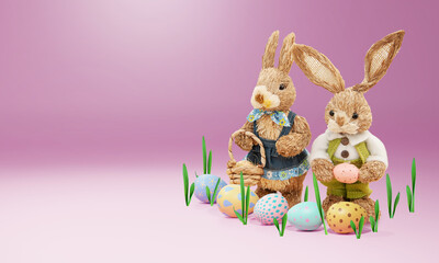 Rabbit dolls made of rice straw with Easter eggs painted is on a pink background 3D rendering