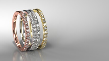 stacked wedding band in three metal color 3d render