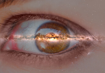 Milky Way galaxy in the beautiful girl eye with  frightened girl