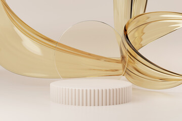 3d illustration of pedestal podium with foundation cream, olive oil , showcase of beauty and cosmetics product.