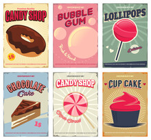 Candy Shop Retro Posters Or Flyers Set With Donut, Bubble Gum, Lollipop, Chocolate Cake, Cupcake. Layout Templates.