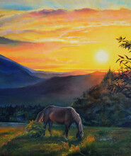 Contemporary Oil Painting On Canvas. Beautiful Sunset In The Mountains. Landscape With Horses.