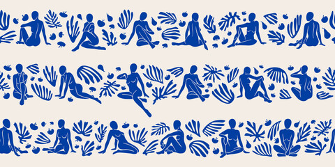 set of vector seamless border include women figures and plants inspired by matisse. cut paper differ