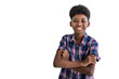 Portrait of smiling African black boy child kid carpenter standing and cross arm, isolated on white background
