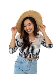 Happy young Asian woman tourist standing, ready for summer vacation travel trip, looking at camera, on white background.