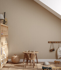 cozy beige children room interior background, 3d render