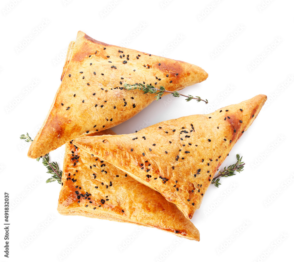 Tasty Uzbek samsa on white background