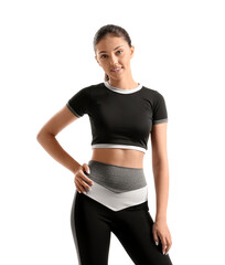 Poster - Teenage girl in black sportswear on white background