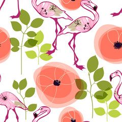 Poster - Flamingo birds and exotic flowers seamless pattern