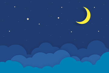 night sky with stars and moon. paper art style. dreamy background with moon stars and clouds, abstra