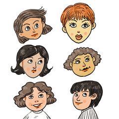 Cute girls face cartoon set.