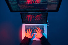 Man Using Computer And Programming  To Break Code. Cyber Security Threat. Internet And Network Security. Stealing Private Information. Person Using Technology To Steal Password And Private Data