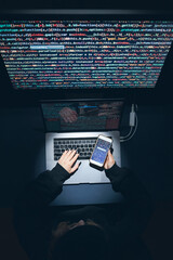 Cyber security threat. Young woman using computer and coding. Internet and network security. Stealing private information. Person using technology to steal password and private data