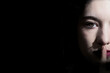 half face of woman ordering silence with black background