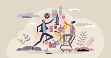 Consumer Goods And Products Purchase In Trade Supermarket Tiny Person Concept. Shopping Expenses For Buyer With Full Cart Vector Illustration. Offer Diversity And Choice In Grocery Store Shelves.