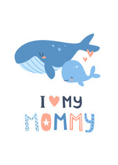 Wall Mural - mother whale with her baby. nursery poster with family whales. cute marine print with text.