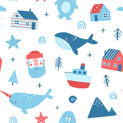 Wall Mural - nordic sea scandinavian pattern. northern seamless vector marine print for baby fabric and nursery t