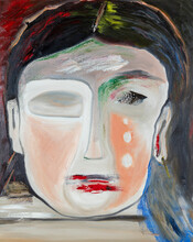 Oil Painting Of Teardrops. Primitive Man's Portrait In Primary Colors, Close-up.