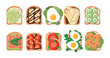 © PCH.Vector - Sandwiches with different ingredients vector illustrations set. Slices of bread with avocado and salmon, toasts with tomatoes, eggs, bananas with chocolate paste. Food, healthy lifestyle concept