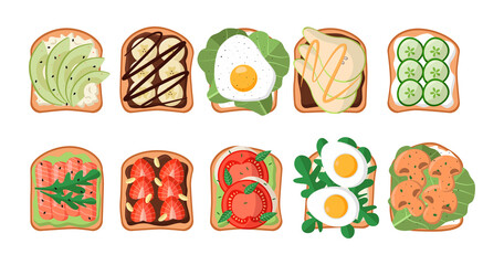 Wall Mural - Sandwiches with different ingredients vector illustrations set. Slices of bread with avocado and salmon, toasts with tomatoes, eggs, bananas with chocolate paste. Food, healthy lifestyle concept