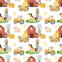 Watercolor Seamless Pattern With Farm Animals