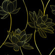 Golden lotus on the black background seamless pattern . vector.