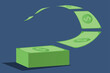 Falling dollar bills stack a large pile of money on a blue background. dollar falling in the air.