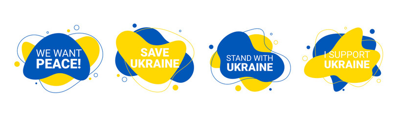 Wall Mural - Vector 4 liquid and fluid background illustration of We Want Peace, Save Ukraine, Stand with, I Support concept with prohibition sign on Ukraine flag. No war and military attack in Ukraine poster.