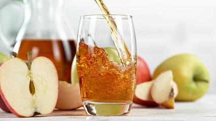 Aufkleber - 
Super slow motion of pouring apple juice into glass. Placed on white table with kitchen interior. Filmed on high speed cinema camera, 1000 fps. Speed ramp effect.
