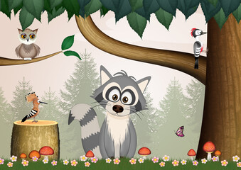 Sticker - illustration of raccoon in the woods