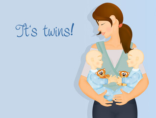 Sticker - illustration of twins birth announcement postcard