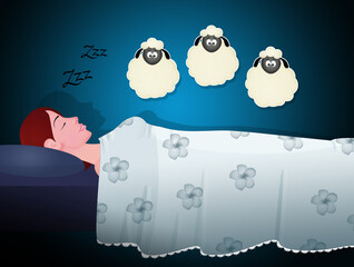 Wall Mural - illustration of woman counts sheep against insomnia