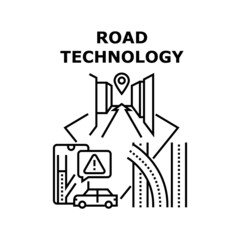 Road Technology Vector Icon Concept. Gps Navigation And Digital Map Device Road Technology For Traveling In Car. Automobile Highway And Roadway With Innovative System Black Illustration