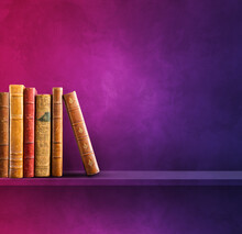 Row Of Old Books On Purple Shelf. Square Background