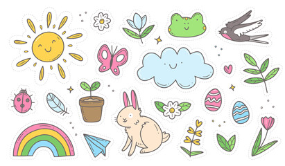 Set of spring doodle stickers. Set of spring cliparts, easter elements. Collection isolated illustration.