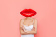 © Марина Демешко - Confident woman headed by huge red lips pouts crossing her arms over her stomach isolated on color pink background. Trendy collage in magazine style. Contemporary art. Modern design