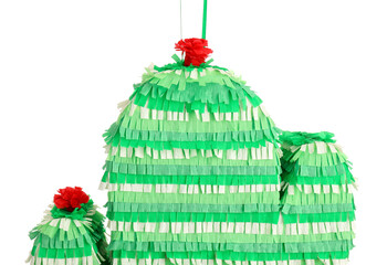 Wall Mural - Mexican pinata in shape of cactus on white background, closeup