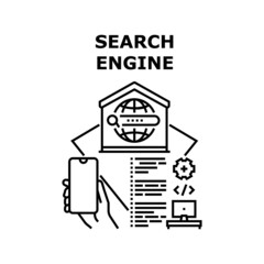 Wall Mural - Search Engine Vector Icon Concept. Developer Search Engine For Developing Website Or Online Store. Tester Checking Web Site Work On Innovative System Platform, Programmer Job Black Illustration