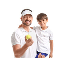 Little Boy And His Father With Tennis Ball On White Background