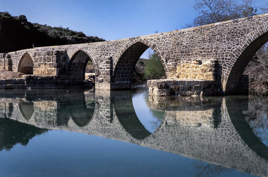 Historic stone bridge Manavgat river. Antalya Turkey.