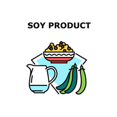 Poster - Soy Product Vector Icon Concept. Natural Raw Peas, Delicious Vegetarian Porridge Meal Plate And Milky Drink Carafe Soy Product. Healthcare Vitamin Food And Beverage Color Illustration