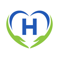 Wall Mural - Hand Care Logo On Letter H. Letter H Charity Logo, Healthcare Care, Foundation with Hand Symbol