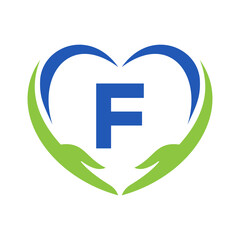 Wall Mural - Hand Care Logo On Letter F. Letter F Charity Logo, Healthcare Care, Foundation with Hand Symbol
