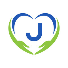 Wall Mural - Hand Care Logo On Letter J. Letter J Charity Logo, Healthcare Care, Foundation with Hand Symbol