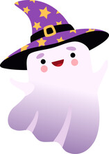 White Ghost Or Spirit As Spooky Halloween Character Smiling And Wearing Witch Hat