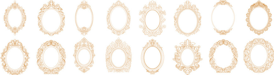 Set of golden oval vintage frames, design elements. Vector.