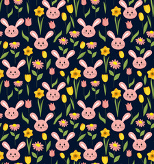 Sticker - Easter seamless pattern with flowers and hares