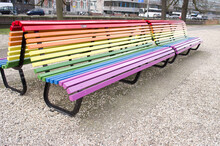 Wooden Bench In Rainbow Colors In A Park In The Center Of Th Hague In The Netherlands