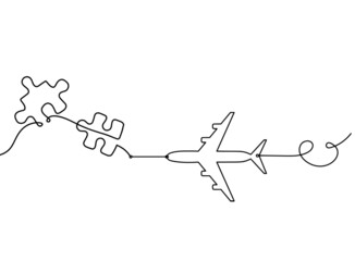Wall Mural - Abstract jigsaw puzzle with plane as line drawing on white background