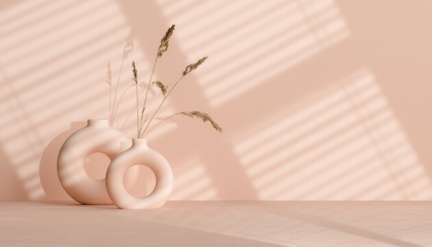 Wall Mural - Minimalist interior decor with ceramic vase and dry plant, minimal shadows on the wall neutral pink 3d rendering aesthetic background